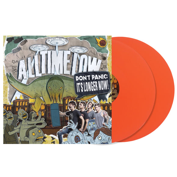 Vinyl Album cover. All Time Low - Don't Panic: It's Longer Now! Album cover shows band taking on a horde of zombie like creatures with UFO's in the store. Double Vinyl - Orange