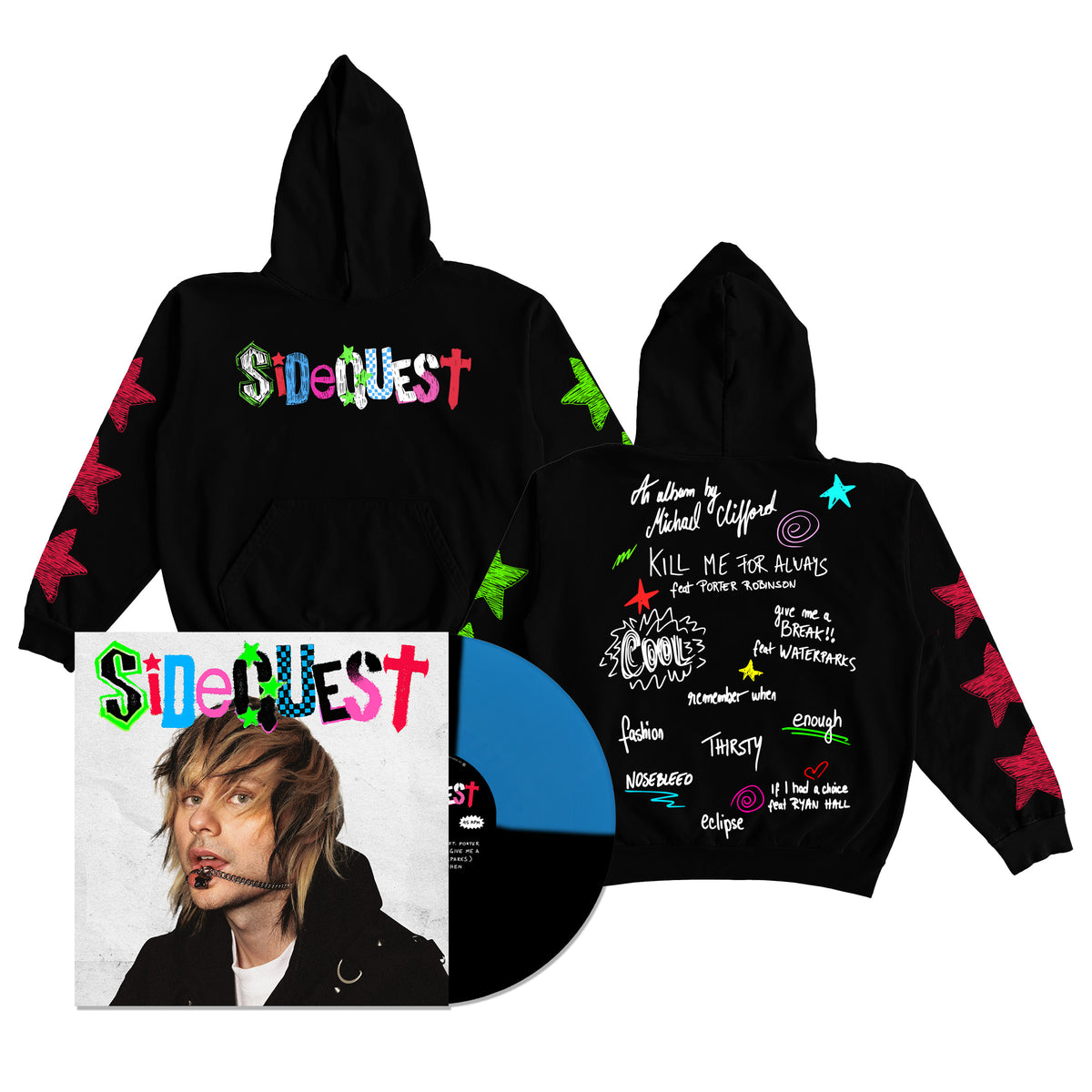 Michael Clifford 'SIDEQUEST' Black Blue Quad Vinyl Hoodie Bundle