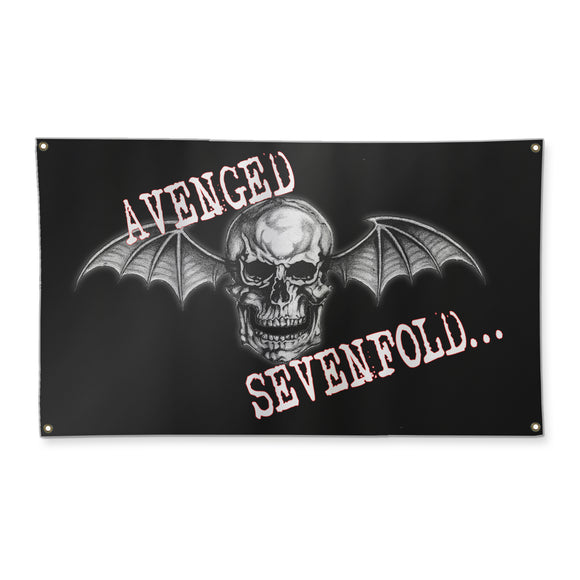 Black wall flat sized 3' x 5'. Black & White Skull with bat wings. White w/ red border text reads Avenged Sevenfold over it.