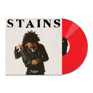 Vinyl Album cover on a white background. Album cover has black text "STAINS" at the top. Image of De'Wayne below. Vinyl is Red. 