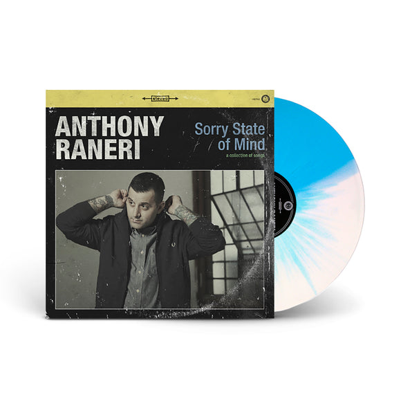 Album Vinyl Cover. Anthony Raneri - Sorry State of Mind (A Collection of Songs). Image of Anthony Raneri over a black background with a yellow tripe at the top. Vinyl is Half white & Half Blue Splatter