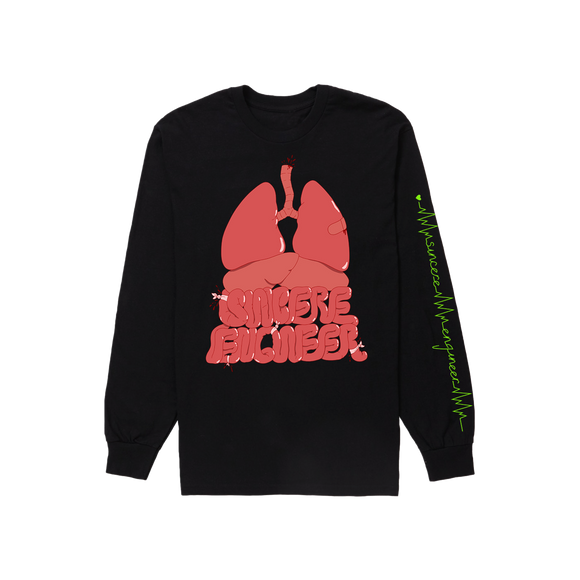 Black long sleeve on a white background. Cartoon organs stacked with intestines' spelling Sincere Engineer. Left sleeve has green text that mimics a heart rate blip spelling Sincere Engineer., 