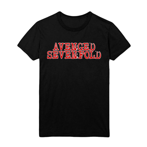 Black tee on white background. Red text reads Avenged Sevenfold on the chest. 