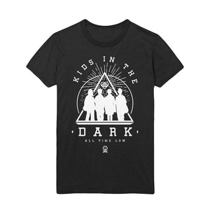 Black t-shirt on a white background. Text "Kids In The Dark - All Time Low" over a white silhouette of the band next to a pyramid with the Future Hearts logo. 