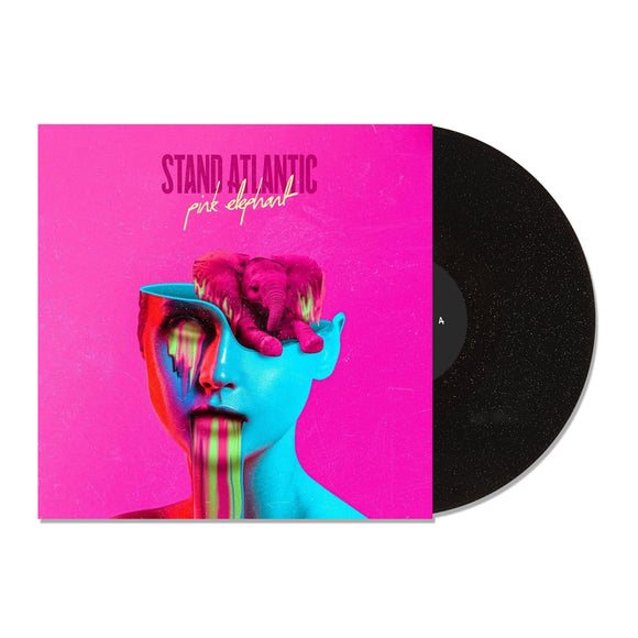 A vinyl record slides from an album cover with a surreal neon portrait and an elephant in a pool. The text reads: Stand Atlantic Pink Elephant Black Glitter LP. Brand: Stand Atlantic.