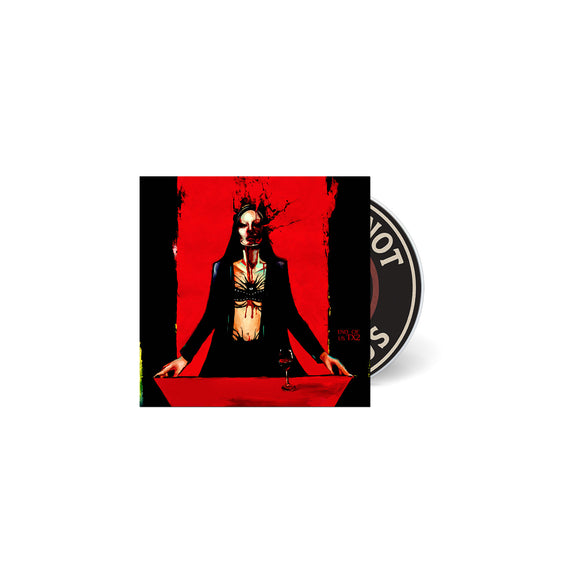 A CD, partially visible behind its cover, features a dramatic illustration of a person in a suit at a red table with a wine glass and splashes of dark liquid—evoking DeathbyRomy's moody style—on vivid red, from the brand TX2.