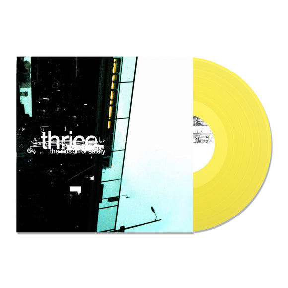 A yellow vinyl record slides out of Thrice’s The Illusion of Safety album cover, featuring an abstract urban design with teal and black tones, white text, and tracks like 