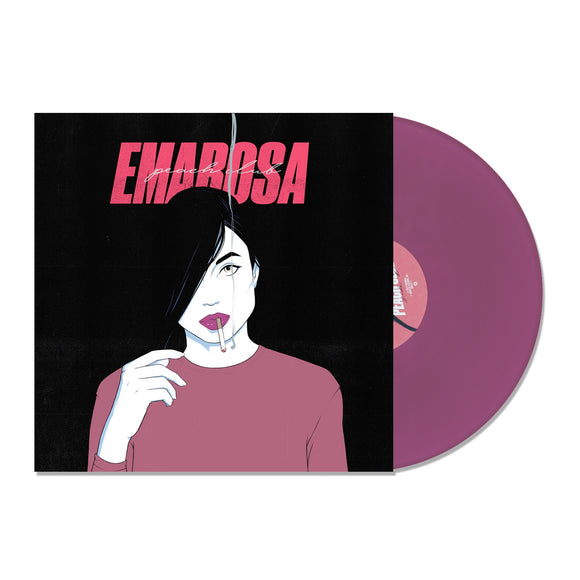 A purple vinyl record by Emarosa partially slides from its cover, which shows an illustrated woman with black hair, pink lips, and a cigarette beneath bold pink 