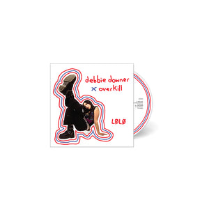 CD cover for L0L0s debbie downer x overkill, showing a person in black clothes and boots playfully posing on the ground as if THE FLOOR IS LAVA!!, outlined in red on a white background.