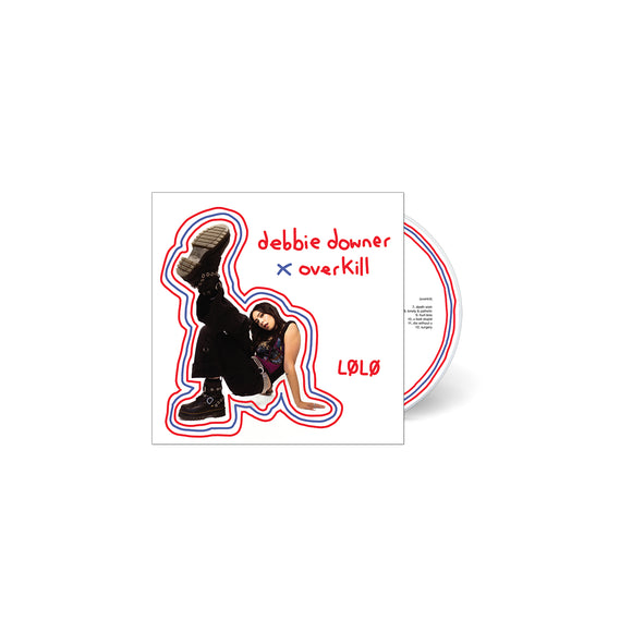 CD cover for L0L0s debbie downer x overkill, showing a person in black clothes and boots playfully posing on the ground as if THE FLOOR IS LAVA!!, outlined in red on a white background.
