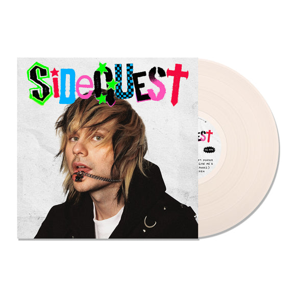 An Ultra Clear vinyl record by Michael Clifford featuring a cover of a blond-haired person with a metal zipper in their mouth. The album title SIDEQUEST appears in colorful, mixed-style letters above their head.