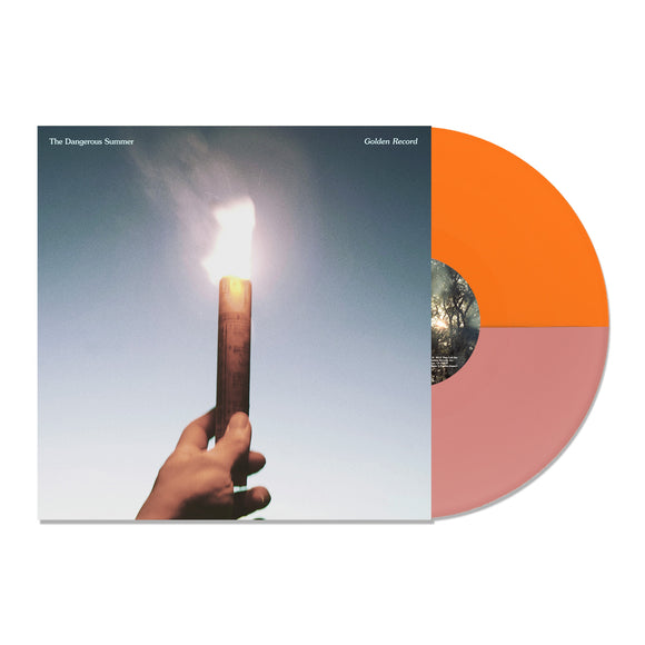A hand holding a lit candle against a blue sky appears on The Dangerous Summer's Golden Record album cover, accompanied by a limited edition Half Orange Half Pink vinyl LP.