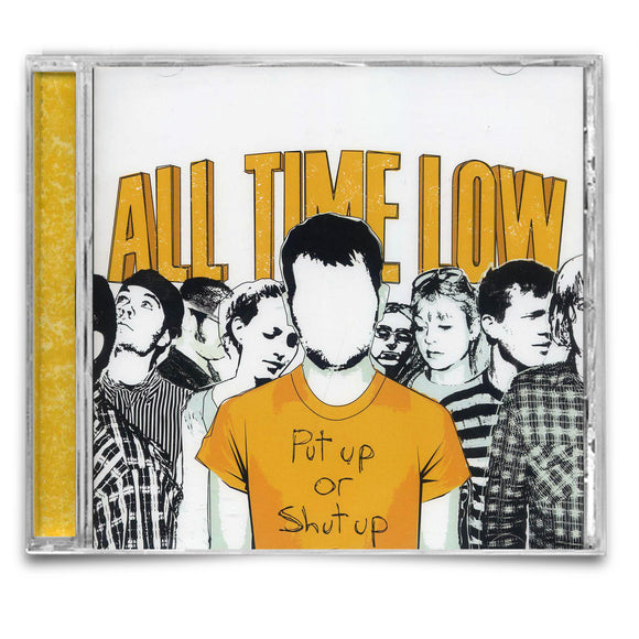 CD cover of 'All Time Low' with a central figure wearing an orange shirt with text, surrounded by other people.
