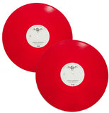 Two bright red vinyl records from an Avenged Sevenfold self-titled 2XLP are displayed side by side, each with a white center label featuring small black text and graphics, including a winged emblem at the top.
