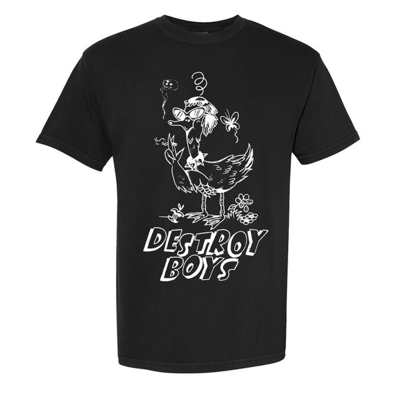 Black Destroy Boys T-shirt with a white cartoon duck raising a fist and holding flowers, plus bold stylized DESTROY BOYS text below the illustration.