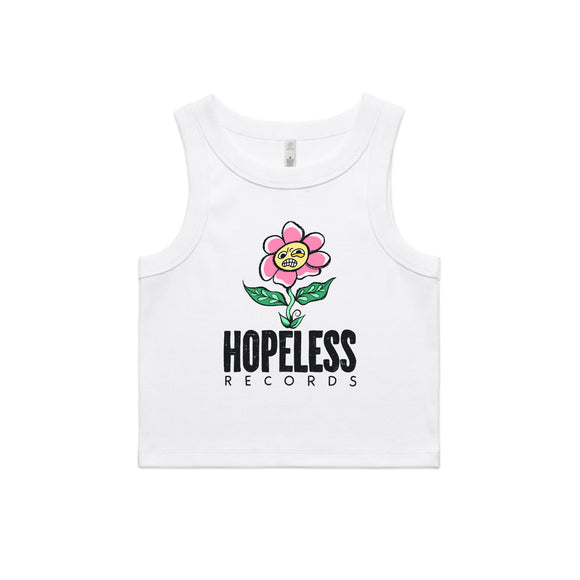 A white tank top by Hopeless Records with a bold pink flower, yellow center, Get Well Soon above, and the brand name in striking black letters.