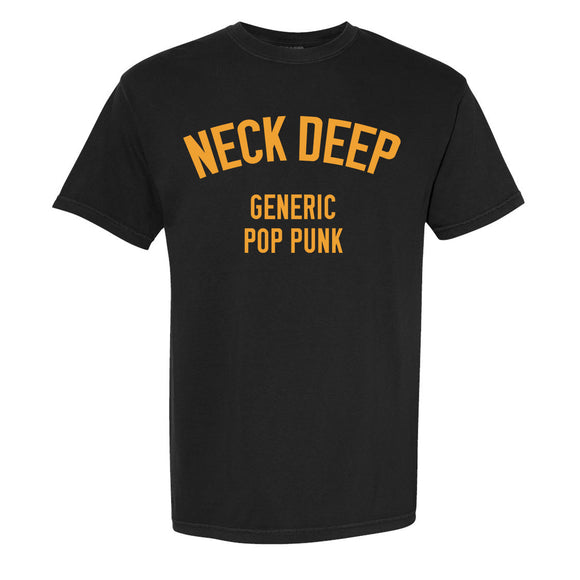 A black relaxed-fit t-shirt from Neck Deep, made of soft ring-spun cotton, with NECK DEEP in large yellow letters and GENERIC POP PUNK printed below.