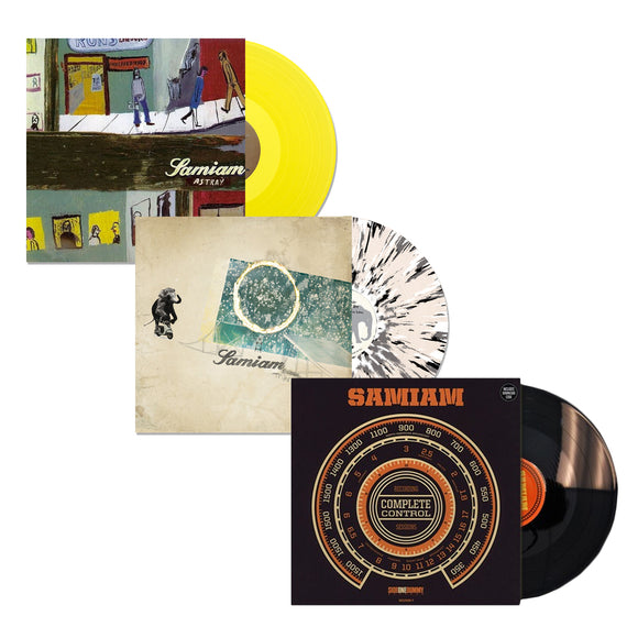 Three Samiam vinyl records: the top is yellow with the Astray album cover, the middle features a black and white splatter design, and the bottom is black with a radio dial design labeled Complete Control Sessions.