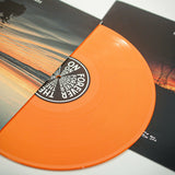 An orange vinyl album by The Wonder Years, partially pulled from a sleeve featuring sunset artwork and a circular label with "THE FOREVER ON," inspired by The Hum Goes On Forever, in the center.
