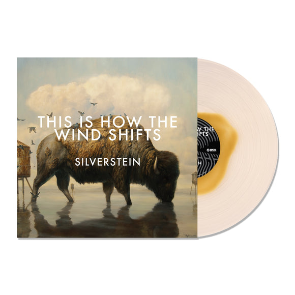 Album cover for This Is How The Wind Shifts by Silverstein shows a bison drinking beneath flying birds, with a Gold Inside Clear vinyl partially inserted beside the artwork. Brand: Silverstein.