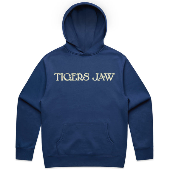 A blue Tigers Jaw relax hoodie with bold white 