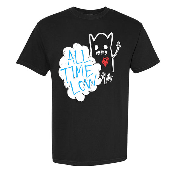 Black T-shirt by All Time Low features a cartoon monster with a heart on its chest, waving next to a white cloud with blue ALL TIME LOW text.
