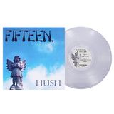 Square album cover by Fifteen features an angel statue against a blue sky with FIFTEEN at the top. Next to it is a Hush Clear transparent vinyl record labeled Fifteen from the brand Fifteen.