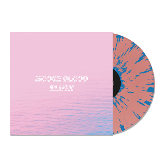A limited edition Moose Blood Blush vinyl features a pink-blue splatter design and comes in a pink cover with white text and a water-like gradient effect.