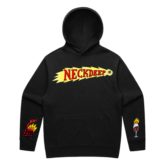 A black ASCOLOUR Relax Hoodie from Neck Deep, featuring bold yellow and red NECK DEEP comic-style text on the chest, a flaming heart on the left sleeve, and a flaming wine glass on the right sleeve.