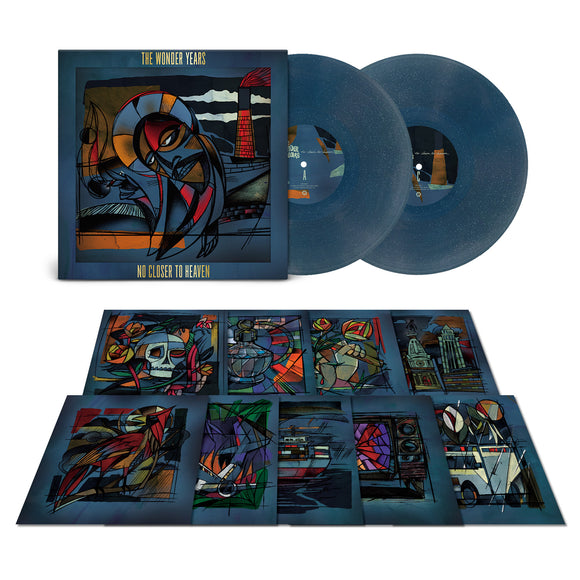 The image features The Wonder Years' No Closer To Heaven 10th Anniversary Edition on two translucent blue vinyl records, with abstract, colorful album art and illustrated inserts displayed below.