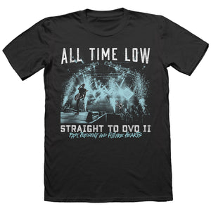 Black t-shirt on a white background. Live image of the band in light blue. Text "All Time Low" above and "Straight To DVD II. Past Present And Future Hearts" below., 