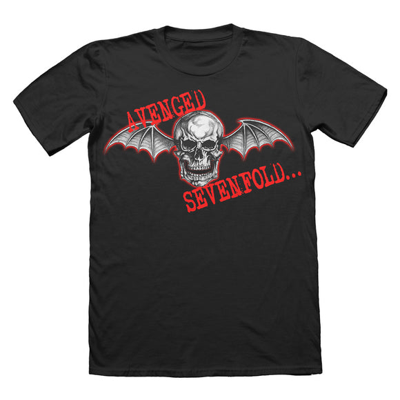 Black tee on white background. Black & White Skull with wings centered on the chest. Red text at an angle over the top reads 