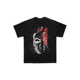 Black t-shirt on a white background. Front of the tee has a robot face with a red eye with text Kamiyada+