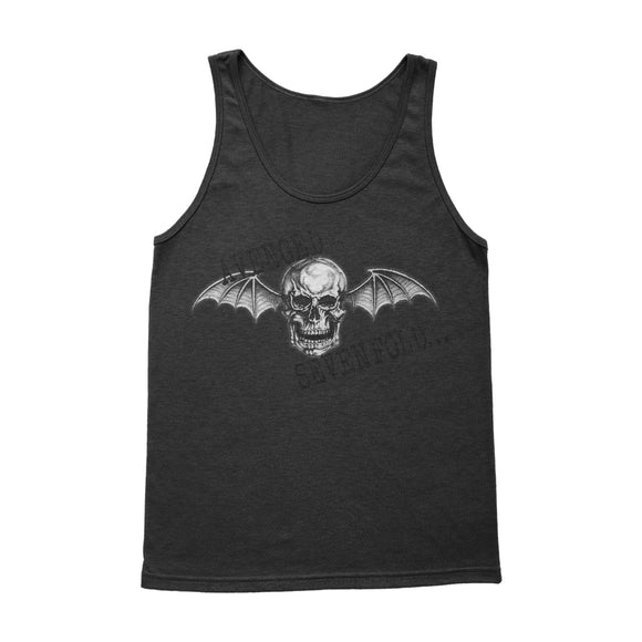 Black tank on a white background. Black & white skull with bat wings centered on the chest. Black text reads Avenged Sevenfold over. 