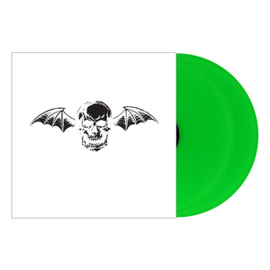 Vinyl Album cover for Avenged Sevenfold "Self Titled". White background. Black Skull with bat wings. Green double vinyl. 