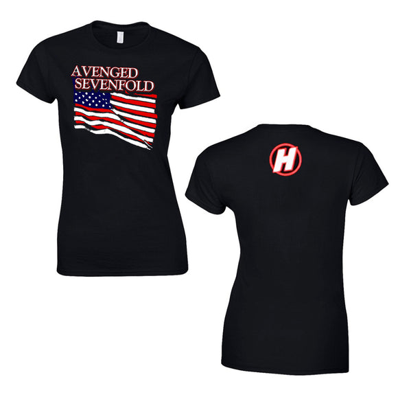 Black women's cut tee on a white background. American flag printed on the chest. Above, text Avenged Sevenfold in white with red borders. Back print shows a white H in a red circle on the upper back