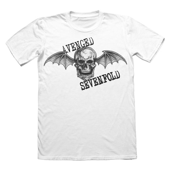 White tee on white background. Skull w/ Wings centered on the chest with Text Avenged Sevenfold. 