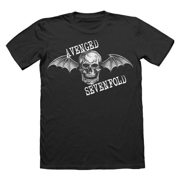 Black tee on white background. Black & White skull with bat wings centered on chest. White text Avenged Sevenfold included. 