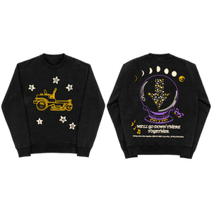 Black crewneck on a white background. Front has 6 stars that spell Foxing surrounding a gold tractor. Back print shows the cycle of the moon on the upper back above a crystal ball. Text at the bottom reads "We'll Go Down There Together"