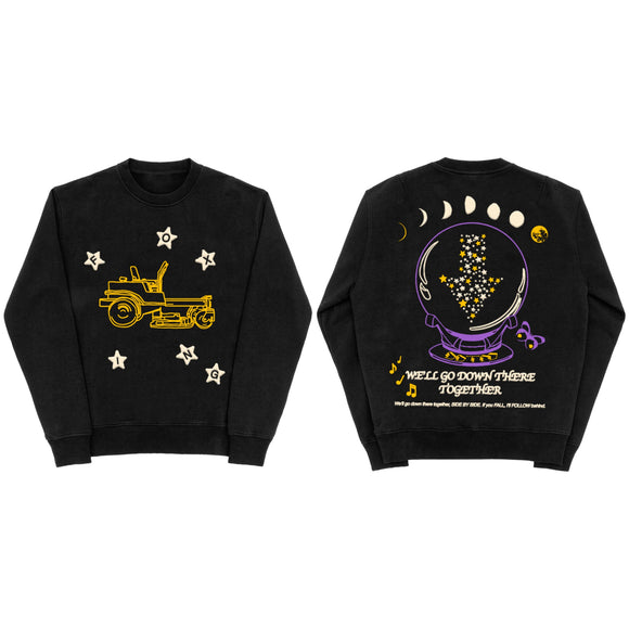 Black crewneck on a white background. Front has 6 stars that spell Foxing surrounding a gold tractor. Back print shows the cycle of the moon on the upper back above a crystal ball. Text at the bottom reads 