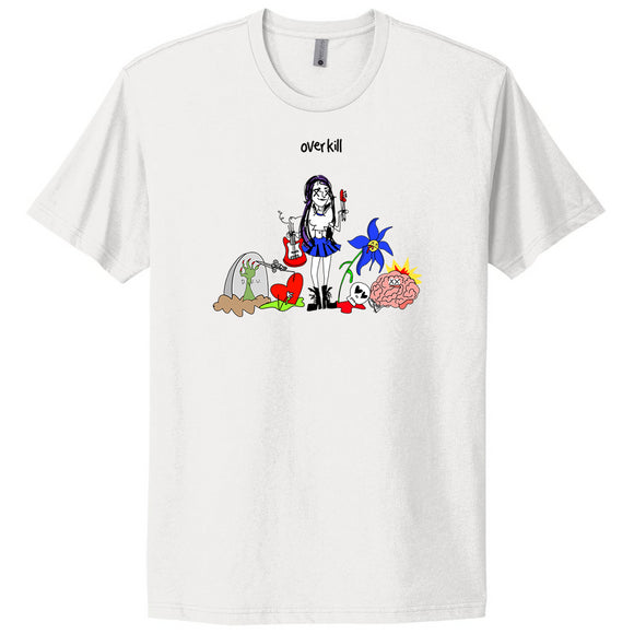 White t-shirt on a white background. Image shows various cartoon objects (brain, grave with zombie hand, heart, girl with guitar, sunflower) underneath black text overkill. 