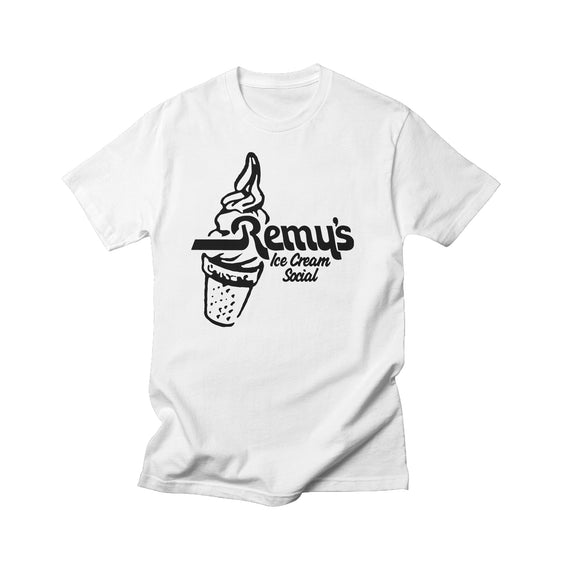 White tee on a white background. Text Remy's Ice Cream Social on the chest w/ an ice scream cone.
