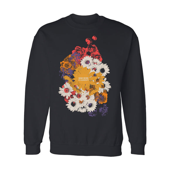 Black crewneck on a white background. Bouquet of flowers on the chest in red, orange & white. Sincere Engineer in white text in the middle