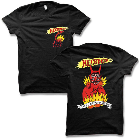 Black tee on white background. Left chest print shows a red & black cartoon snake with fire and a shooting star above it. Back shows the same shooting star logo with Neck Deep in the trail above a devil. 