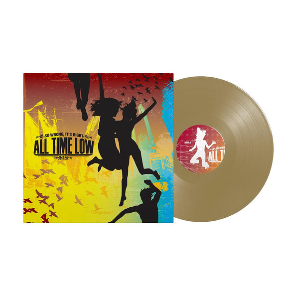 Vinyl Album cover on white background. All Time Low - So Wrong, It's Right. Black silhouettes of several people jumping over a multi-color skyline with birds. Gold Vinyl