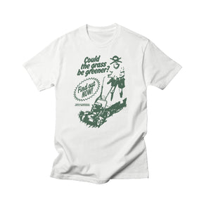 White tee on a white background. Young man mowing the grass with green text COULD THE GRASS BE GREENER? FIND OUT NOW!