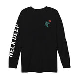 Black long sleeve on a white background. Left chest print shows a red rose. Right sleeve has white text that says NECK DEEP.