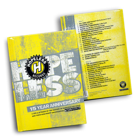 Hopeless Records 15 Year Anniversary 2CD + Booklet release. Image shows the Hopeless Records logo on a yellow cover with the track listing for both discs on the back. 