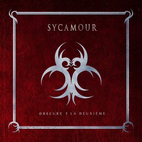 Album cover with a dark red textured background, silver ornate border, and stylized silver emblem. Inspired by Bathsheba Renaissance, it features Sycamour at the top and Obscure • La Deuxième at the bottom. Brand Name: Sycamour.