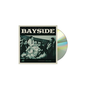 CD Album cover for Bayside "Acoustic Volume 2" on a white background. Shows band eating at a diner with BAYSIDE in white text at the top.